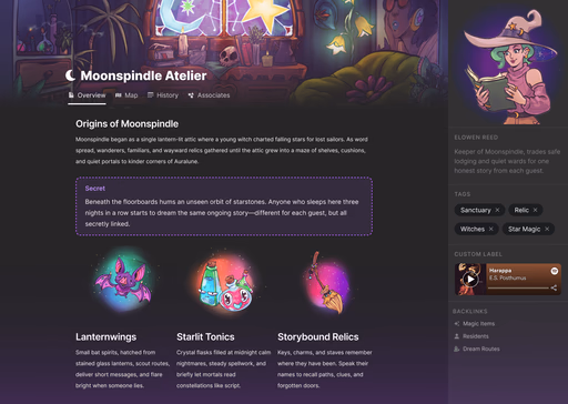 LegendKeeper lore editor with auto-linked terms, tags, and private secrets