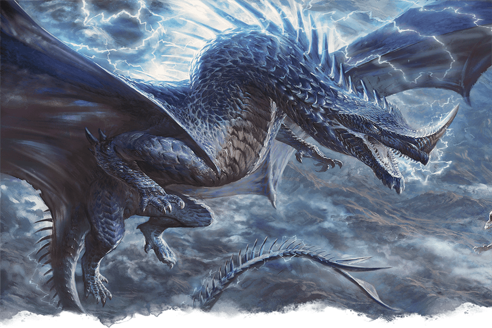 Artwork for Dungeons & Dragons, picturing a blue dragon flying through the air.