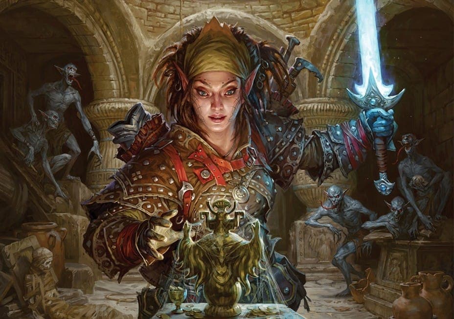 Artwork for Pathfinder 2E, featuring an adventurer reaching for a treasure, with a gang of ghouls emerging behind her.