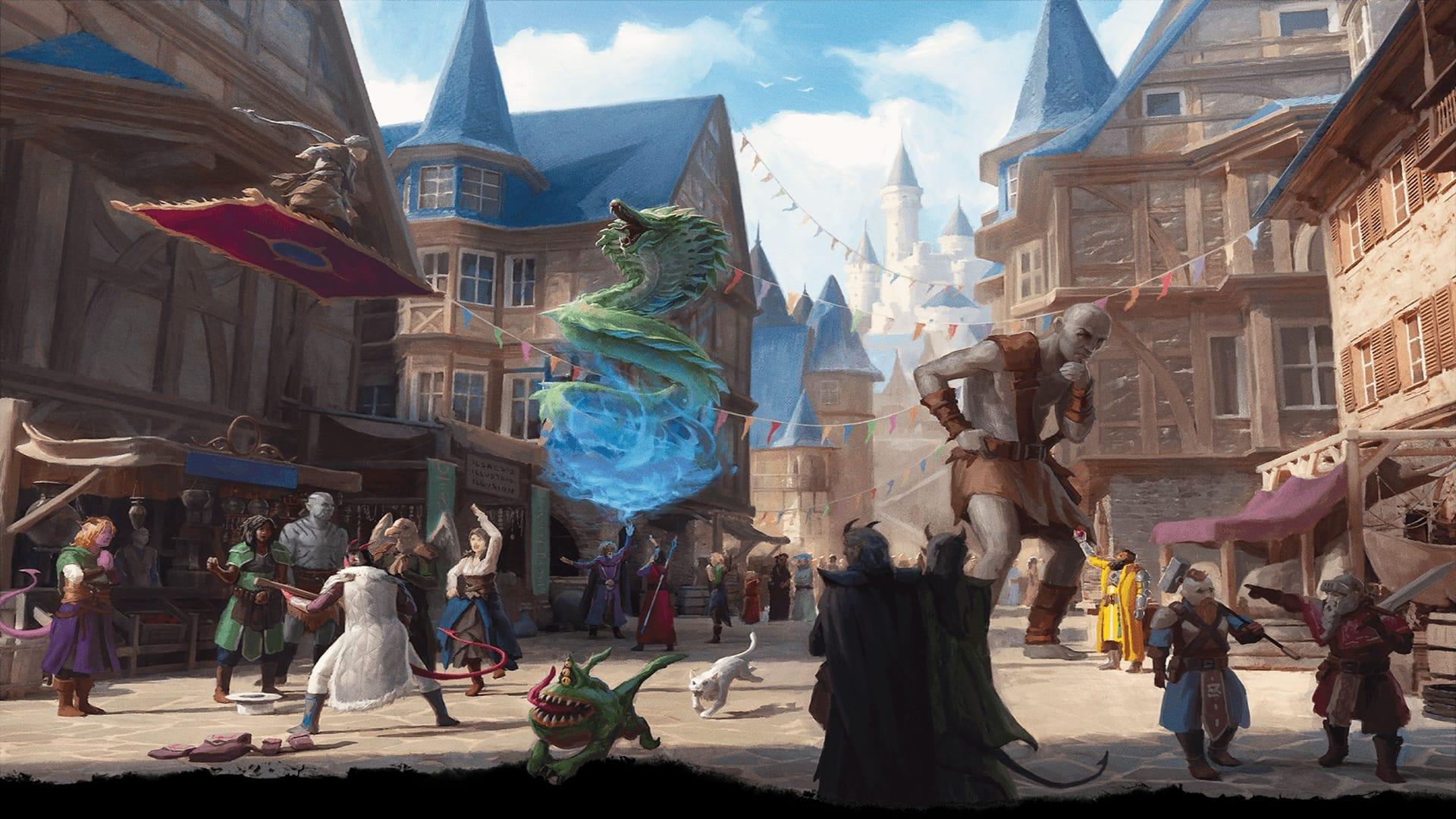 Artwork for the Dungeons & Dragons: Dungeon Master's Guide showing a city populated by magical creatures.