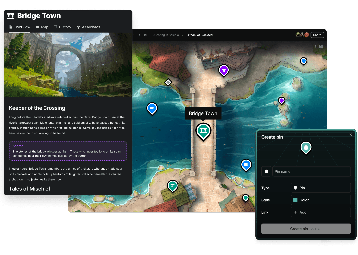 LegendKeeper worldbuilding app with maps and connected wiki articles