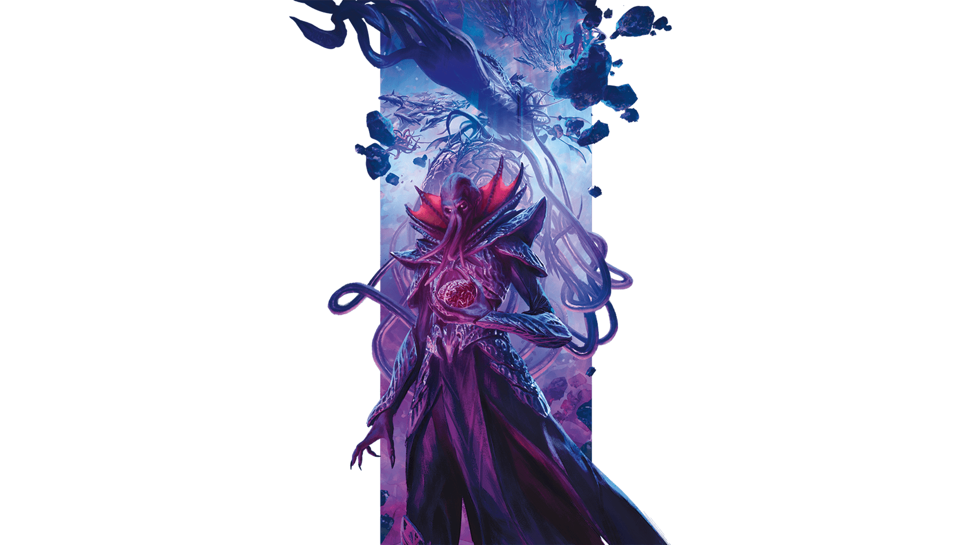 Artwork of a Mind Flayer for Dungeons & Dragons, with an Elder Brain, and a Nautiloid in the background.