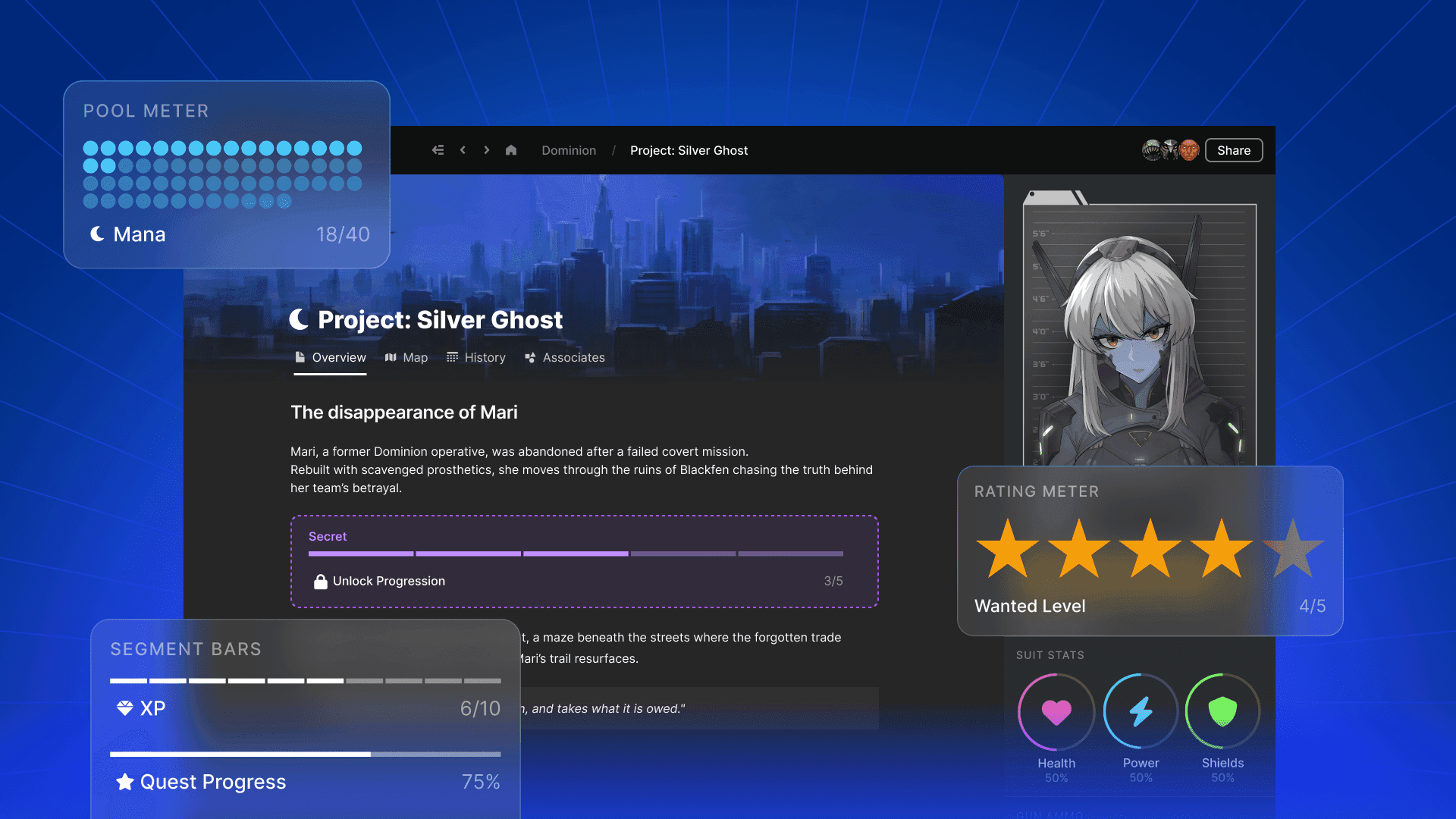 An image of some meters you can use in the LegendKeeper platform, including ratings and circle meters.