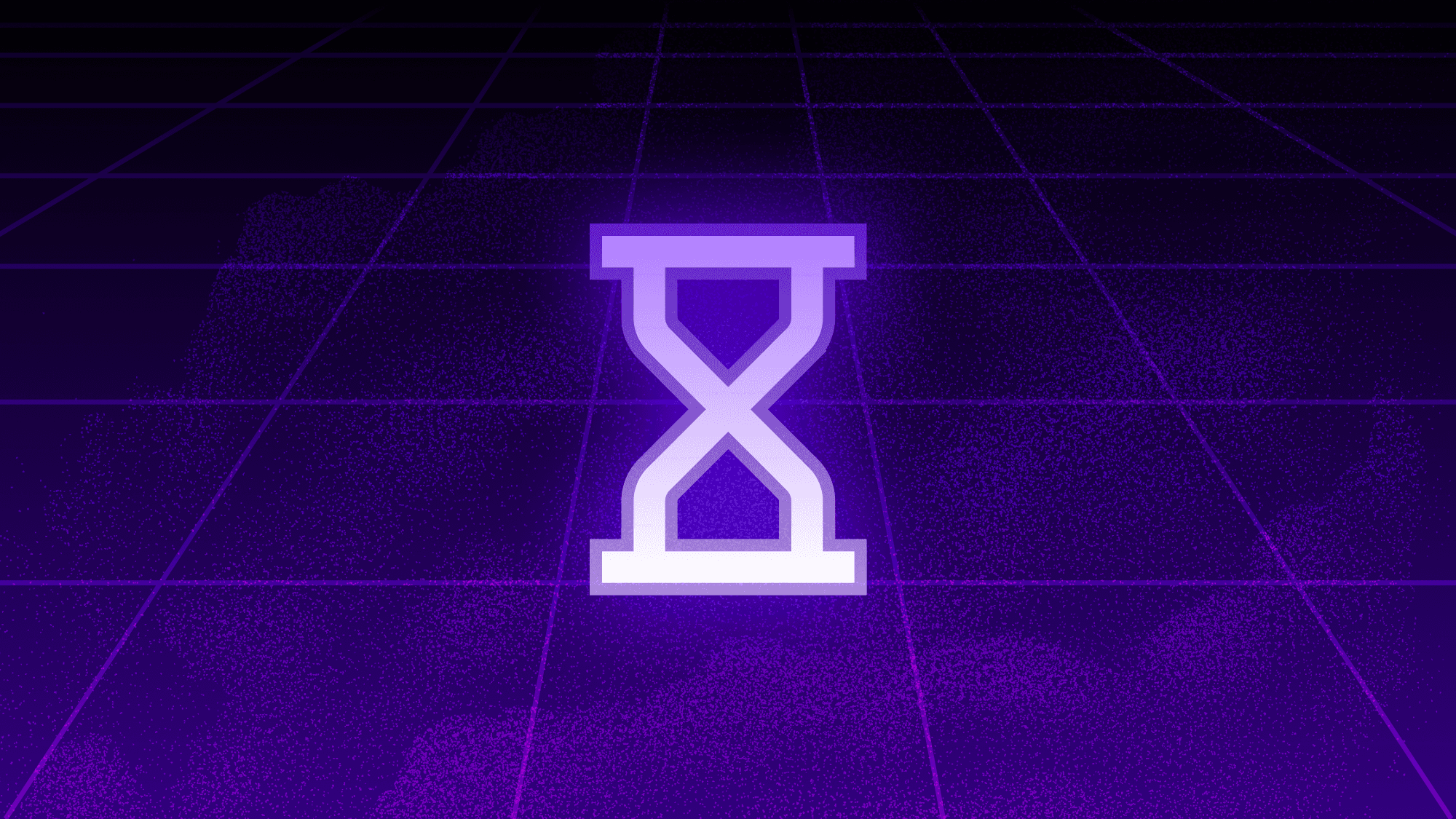 A stylized hourglass icon in white/light purple against a dark purple background with a grid pattern.