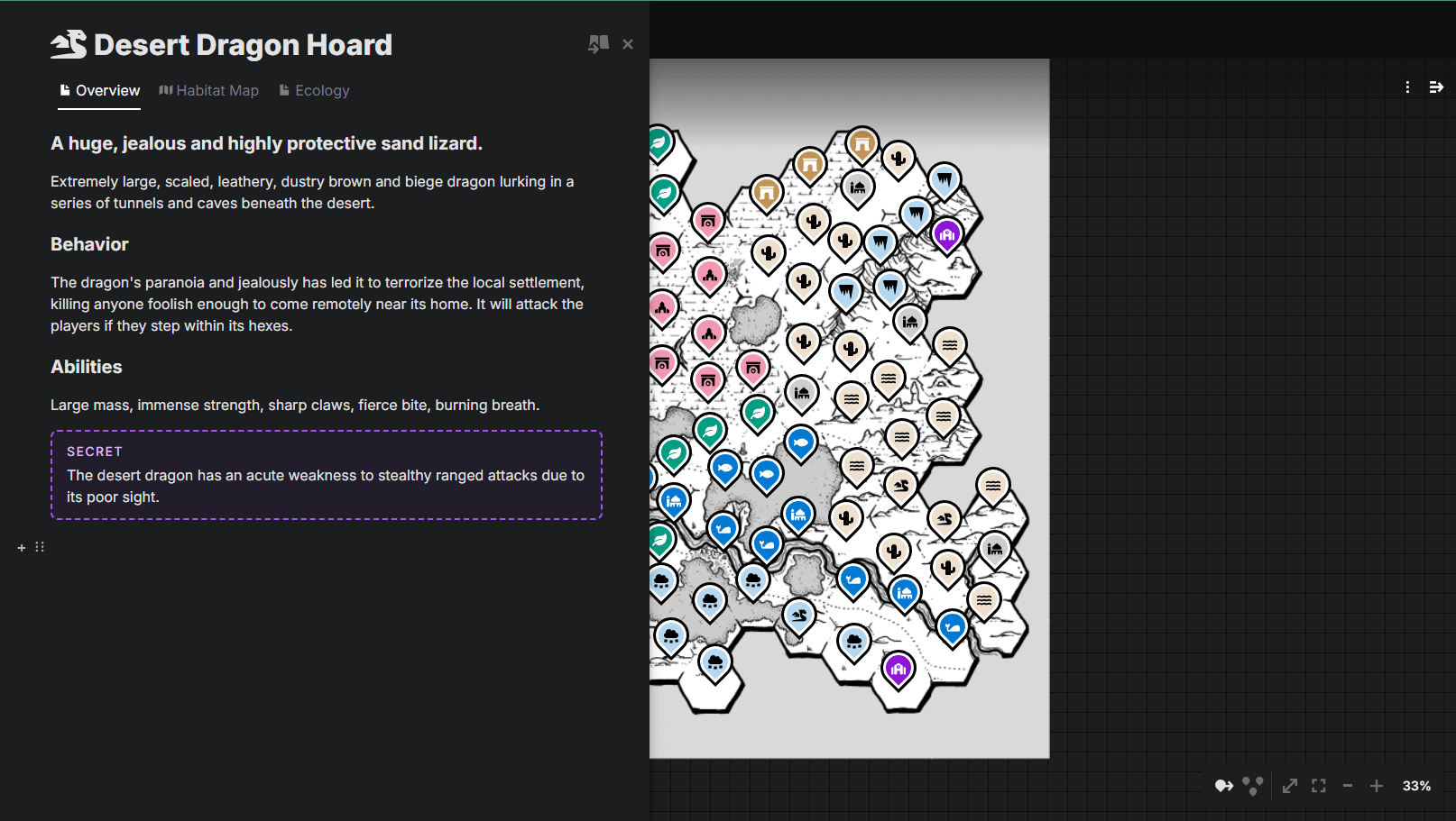 An image of a hexcrawl map made in Legendkeeper, with notes on a dragon horde.