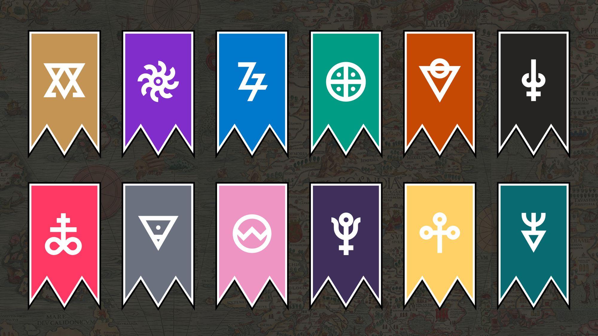 Set of 12 free fantasy faction banners based on alchemical symbols
