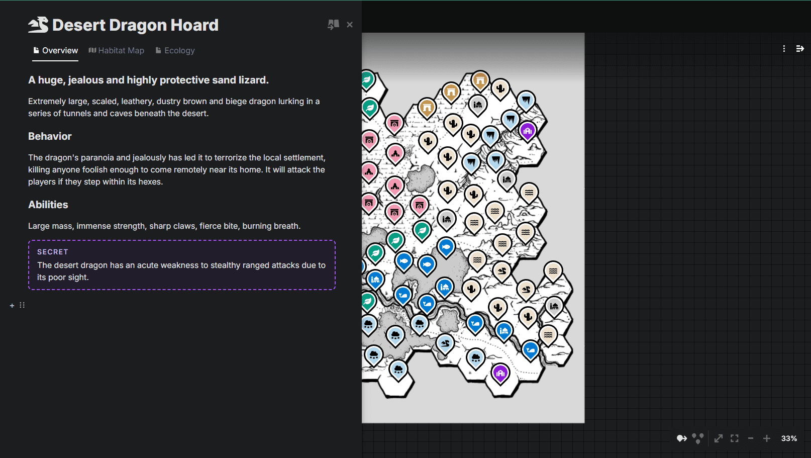 An image of a hexcrawl map made in Legendkeeper, with notes on a dragon horde.