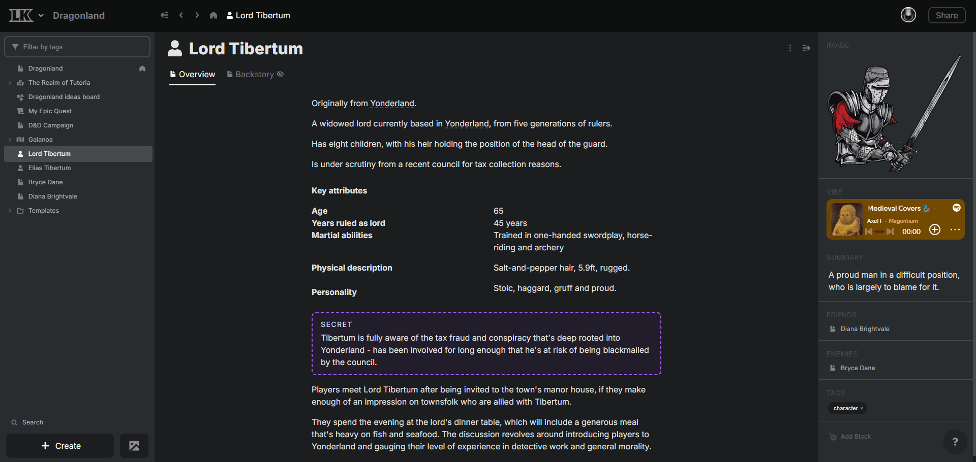 A screenshot from the character section of the Legendkeeper platform.