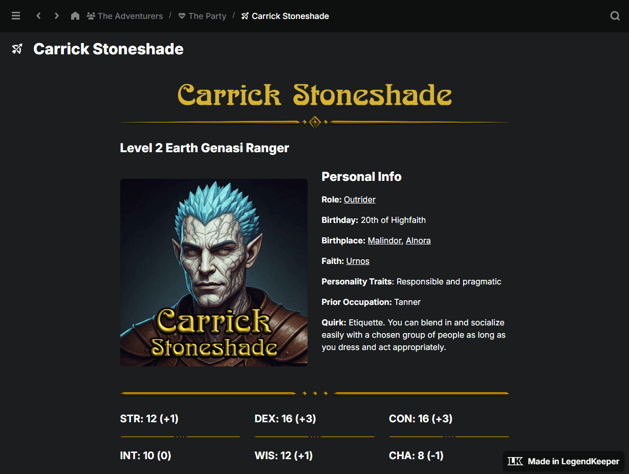 An screenshot from a Legendkeeper account featuring details of a player character.