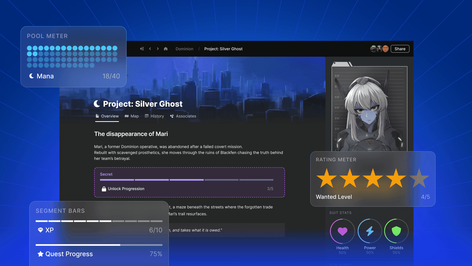 An image of some meters you can use in the LegendKeeper platform, including ratings and circle meters.