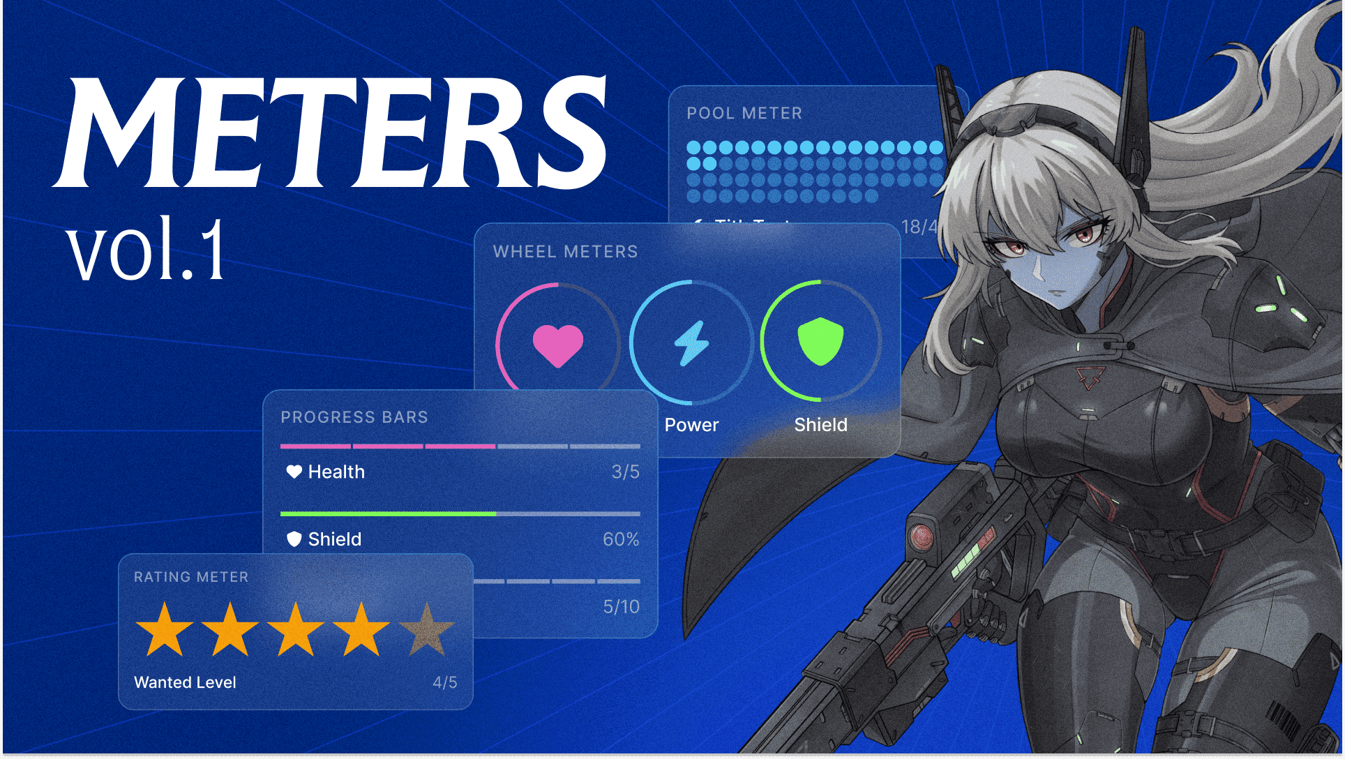 "METERS vol.1" displaying various stat visualization Meter Blocks against a dark blue background with a character wielding a weapon on the right side.